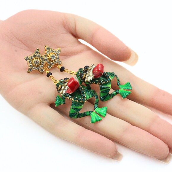 Magnificent Lunch At Ritz Enamel Frog Christmas Tree Holiday Brooch Earrings Se - Picture 7 of 12